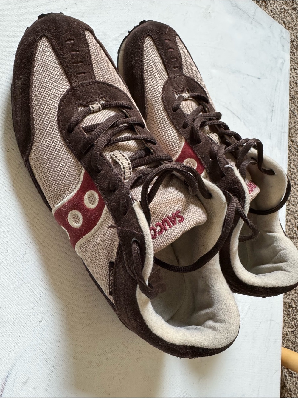 Saucony Brown, Beige & Red Mesh Suede Sneakers